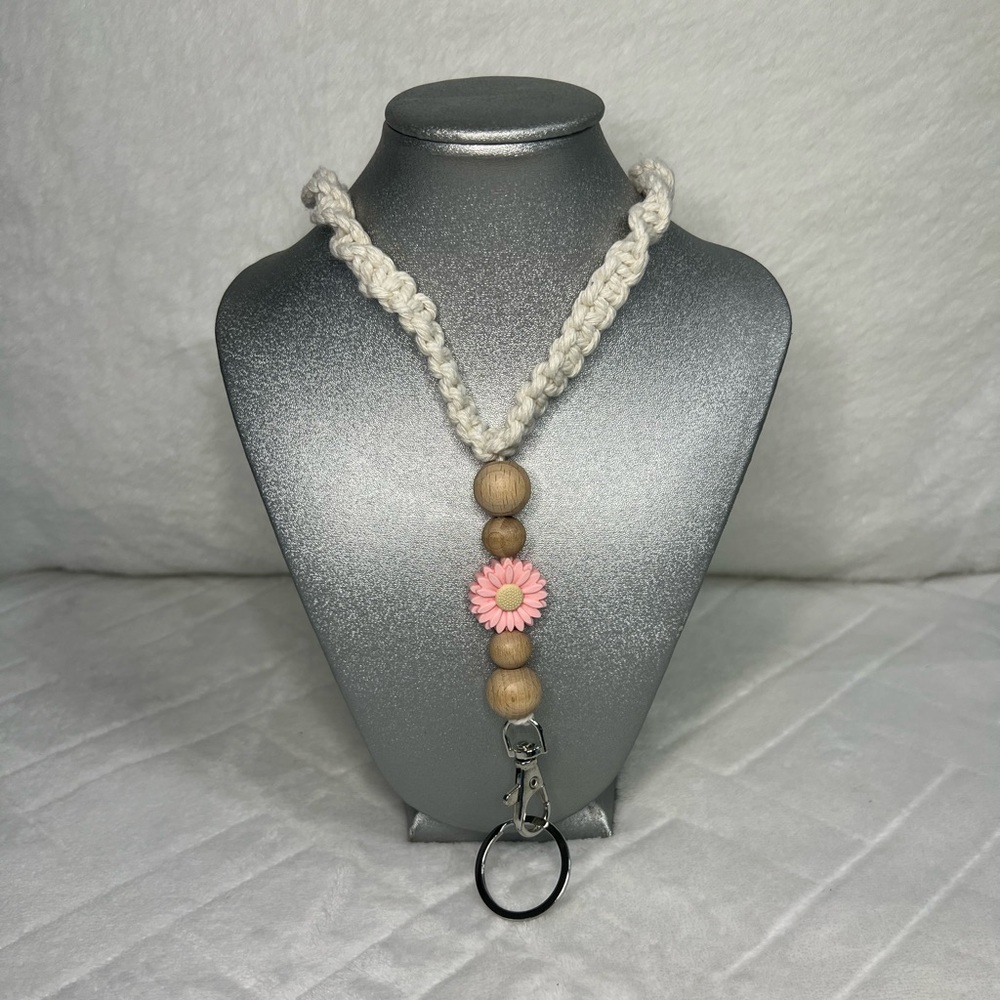 NWOT HANDWOVEN COTTON LANYARD WOOD BEADS AND PINK FLOWER ACCENTS
